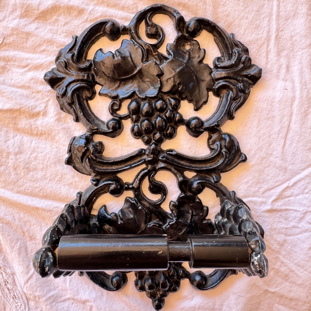 Vintage Grape Vine Cast Metal Wall Mount Toilet Paper Holder Ornate Black